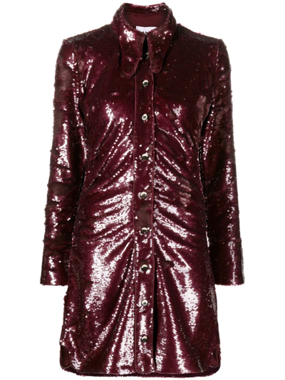 Ganni Sequined Ruched Mini Shirt Dress In Red