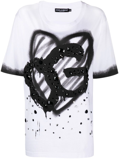 Dolce & Gabbana White Heart Logo Print Cotton T-shirt