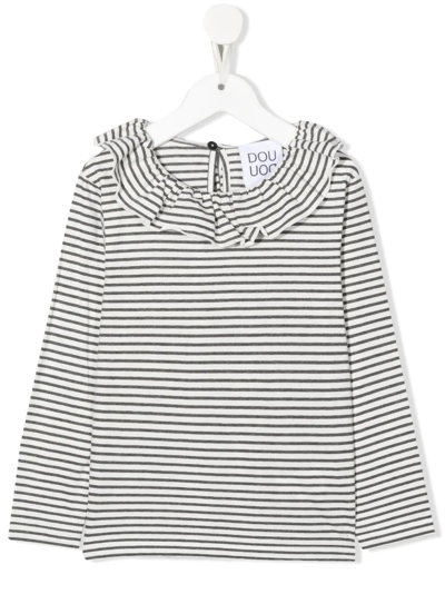 Douuod Stripe-ruffle Ruffle-collar T-shirt In Weiss
