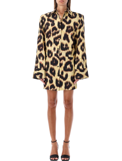 Attico Margot Leopard Print Long Sleeve Twill Mini Shirtdress In Black/brown