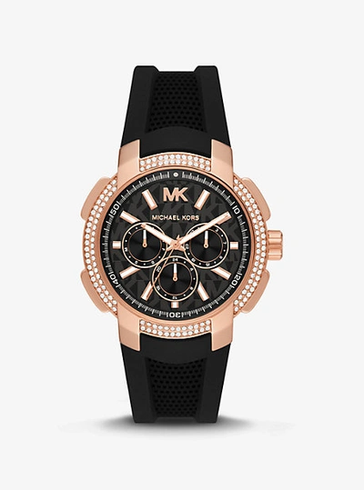 Michael Kors Oversized Sydney Pavé Rose Gold-tone And Silicone Watch In Black
