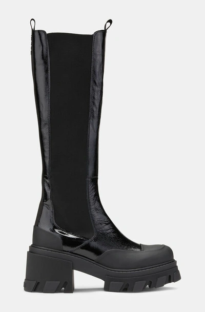 Ganni Black Cleated Patent Leather Chelsea Boots