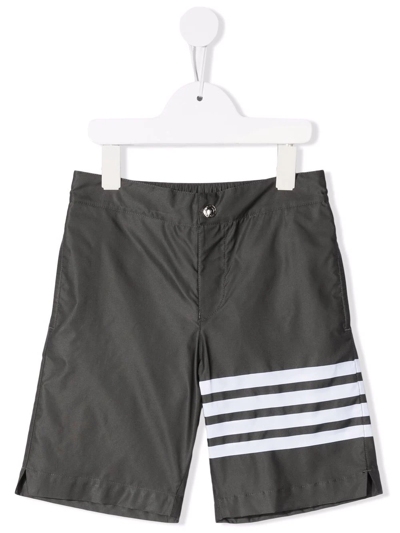 Thom Browne Kids' 4 Bar Print Swim Shorts In Grey