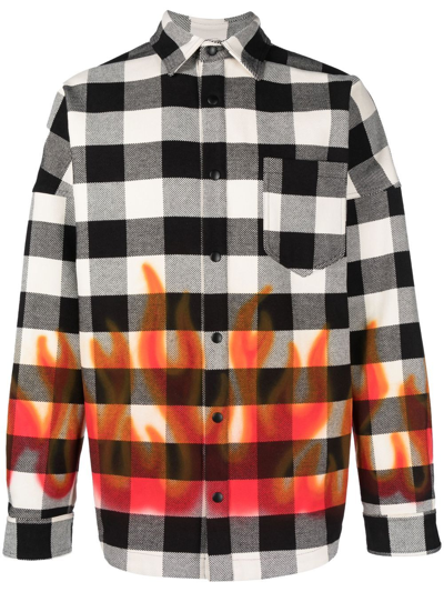 Palm Angels Man Black And White Check Cotton Overshirt With Burning Flames Print In Nero