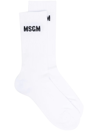 Msgm Embroidered-logo Ribbed Socks In White
