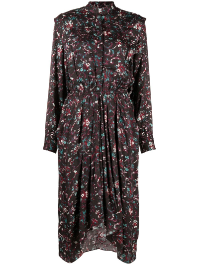 Isabel Marant Étoile Okleya Floral Pleated Long-sleeve Midi Dress In Nero