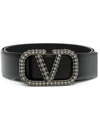 Valentino Black Vlogo Signature Crystal Embellished Leather Belt In Black