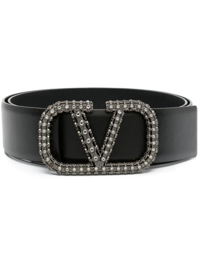 Valentino Garavani Black Vlogo Signature Crystal Embellished Leather Belt