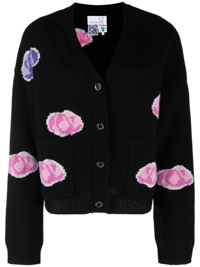 Natasha Zinko Pixel Rose Intarsia Wool-blend Cardigan In Black