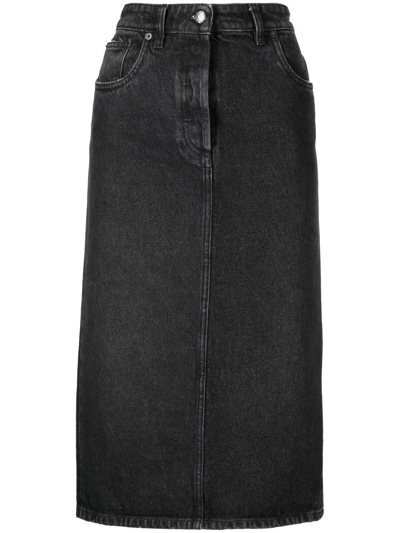 Prada Denim Washed Straight Midi Skirt In Black