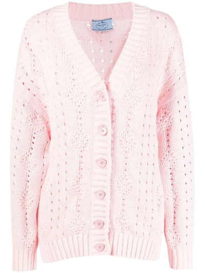 Prada Cotton Open-knit Pointelle Cardigan In Pink
