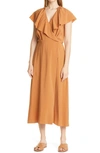 Vince Flutter-sleeve Belted Midi Wrap Dress In Copper
