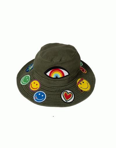 Lauren Moshi Adina- Bucket Hat W/ Happy Hippie Patches In Military