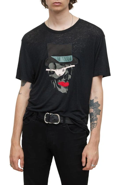 John Varvatos Top Hat & Skull Appliqué Linen Blend Burnout Graphic Tee In Black