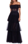 Betsy & Adam Ruffle Off The Shoulder Tiered Ballgown In Black