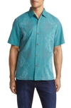Tommy Bahama Bali Border Floral Jacquard Short Sleeve Silk Button-up Shirt In Deep Sea Teal