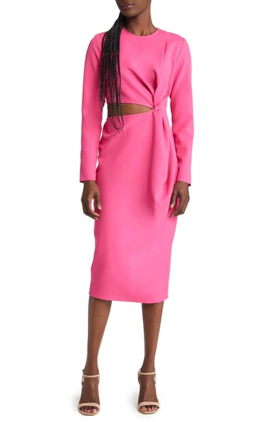 Area Stars Cutout Detail Long Sleeve Crepe Cocktail Dress In Fuchsia