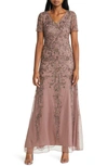 Pisarro Nights Beaded Chiffon Gown In Mocha