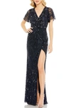 MAC DUGGAL BEAD & SEQUIN WRAP FRONT TULLE SHEATH GOWN