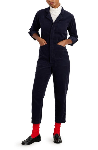 Alex Mill Fine Wale Long Sleeve Crop Cotton Jumpsuit In Deep Navy