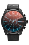 Diesel Men's Chronograph Mega Chief Iridescent Crystal Black Leather Strap Watch 51mm Dz4323 In Black/ Iridescent Crystal
