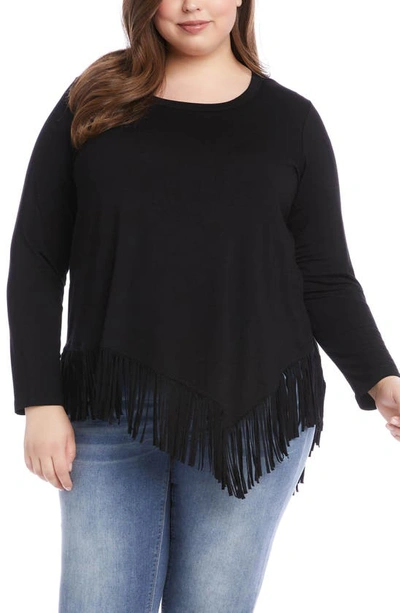 Karen Kane Asymmetric Jersey Fringe Top In Black