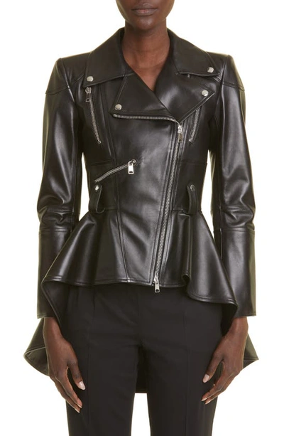 Alexander Mcqueen Frock-detail Peplum Leather Biker Jacket In Black