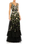Mac Duggal Embellished Sleeveless V Neck A Line Gown In Black Peach