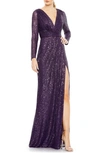 Mac Duggal Long Sleeve Sequin Faux Wrap Gown In Purple