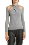 Donna Karan Woman Cutout Halter Long Sleeve Sweater In Heather Grey