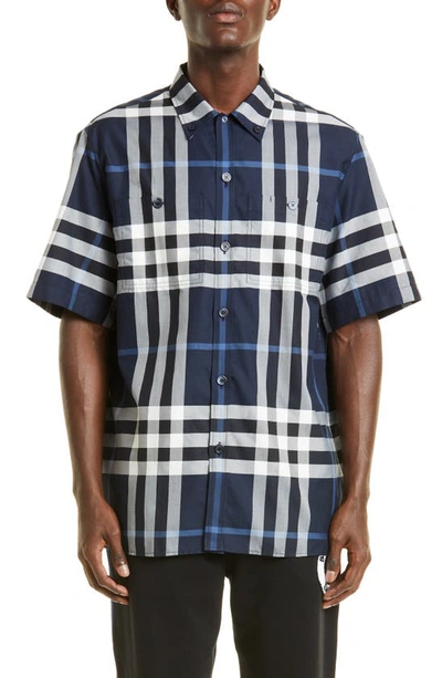 Burberry Willem Check Short Sleeve Cotton Button-up Shirt In Black