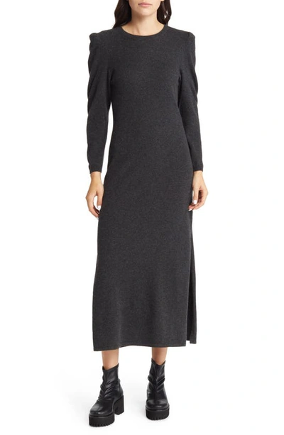 Frame Shirred Long Sleeve Recycled Cashmere Jumper Dress In Charcoal Heather