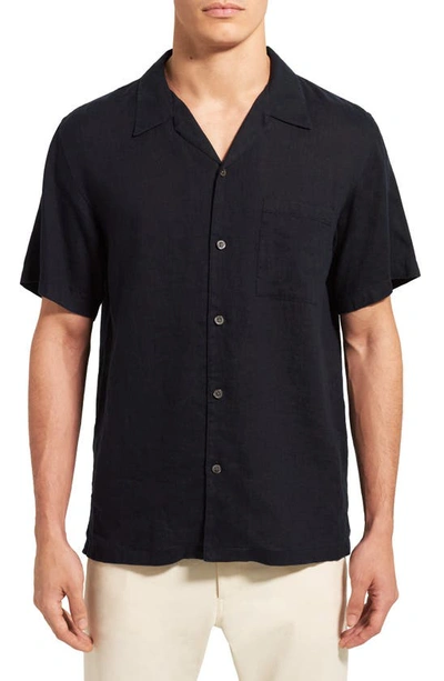 Theory Noll Short Sleeve Linen Button-up Camp Shirt In Black