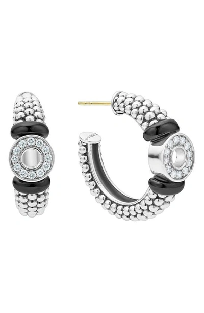 Lagos Black Caviar Diamond Huggie Hoop Earrings In Silver/black