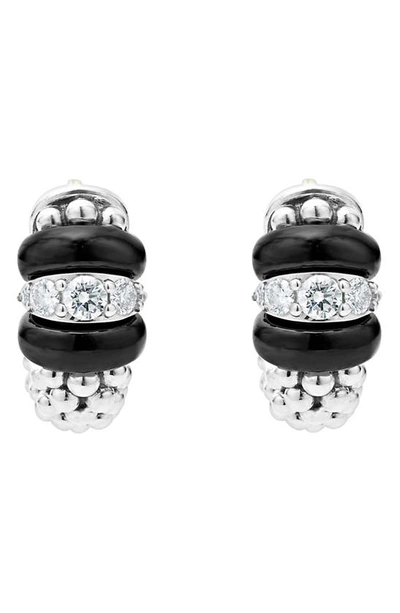 Lagos Sterling Silver Black Caviar Ceramic & Diamond Bead Huggie Hoop Earrings In Silver/black