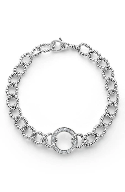 Lagos Caviar Spark Diamond Pave Circle 15mm Beaded Link Bracelet In Silver