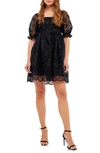 Endless Rose Floral Embroidered Puff Sleeve Babydoll Dress In Black