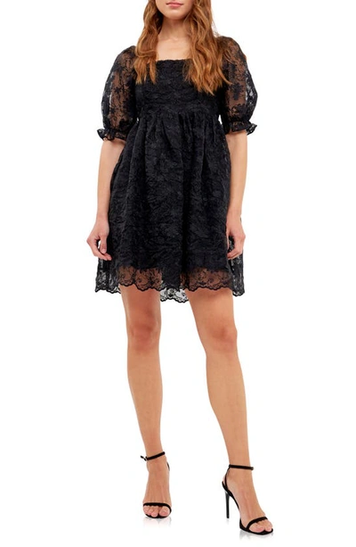 Endless Rose Floral Embroidered Puff Sleeve Babydoll Dress In Black