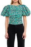 Endless Rose Floral Print Gathered Puff Sleeve Cotton Poplin Blouse In Aqua Multi