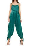 Endless Rose Tie Detail Slit Leg Satin Jumpsuit In Emerald