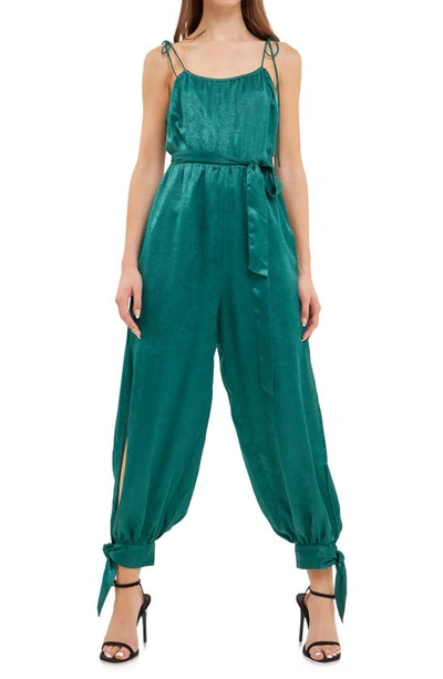 Endless Rose Tie Detail Slit Leg Satin Jumpsuit In Emerald