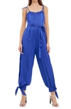 Endless Rose Tie Detail Slit Leg Satin Jumpsuit In Navy