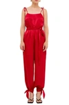 Endless Rose Tie Detail Slit Leg Satin Jumpsuit In Rose