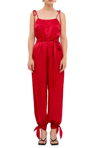 Endless Rose Tie Detail Slit Leg Satin Jumpsuit In Rose