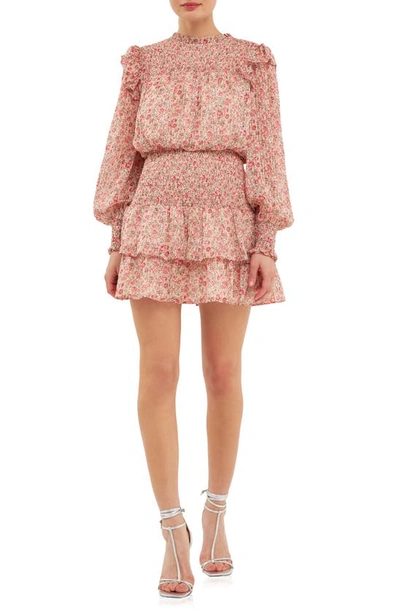 Endless Rose Floral Print Shirred Long Sleeve Chiffon Minidress In Pink Multi