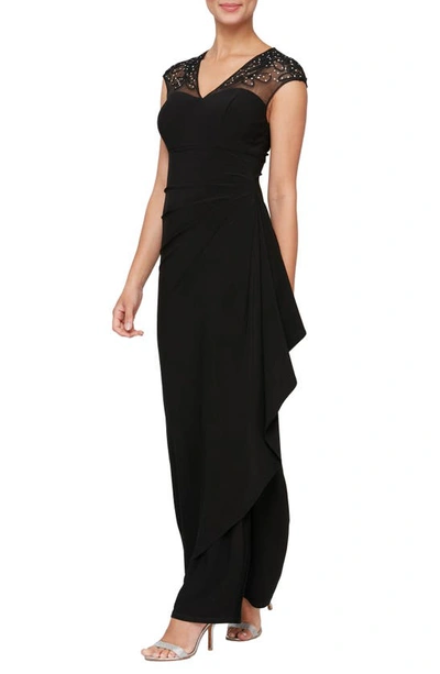 Alex Evenings Illusion Lace Matte Jersey Column Gown In Black