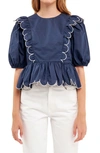 English Factory Contrast Scalloped Trim Cotton Top In Navy/ White