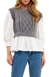 English Factory Mixed Media Cable Detail Sweater In Heather Grey/ White