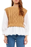 English Factory Mixed Media Cable Sweater In Tan/ White