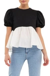 English Factory Mix Media Puff Sleeve Peplum Top In Black/ White